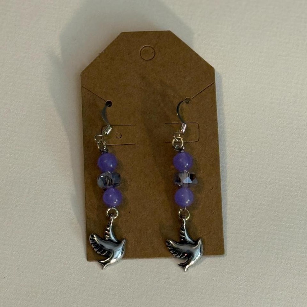 Dove Pierced Earrings Handmade Purple and‎ Silver Tone